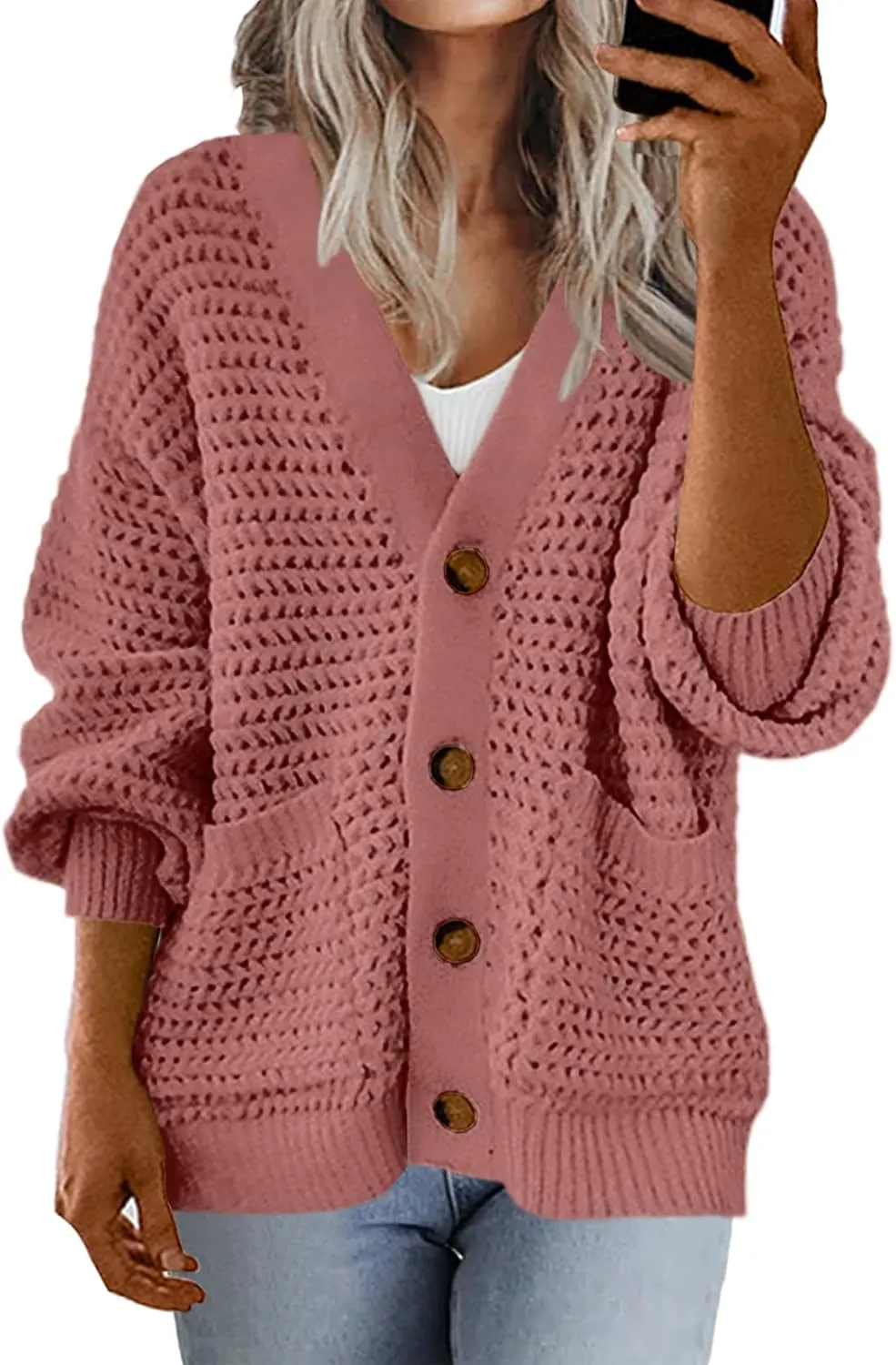 Allimy Womens Chunky Textured Knit Pocketed V Neck Soft Short Cardigan Sweaters for Women Trendy Winter Coats