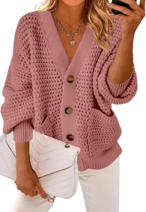 Allimy Womens Chunky Textured Knit Pocketed V Neck Soft Short Cardigan Sweaters for Women Trendy Winter Coats
