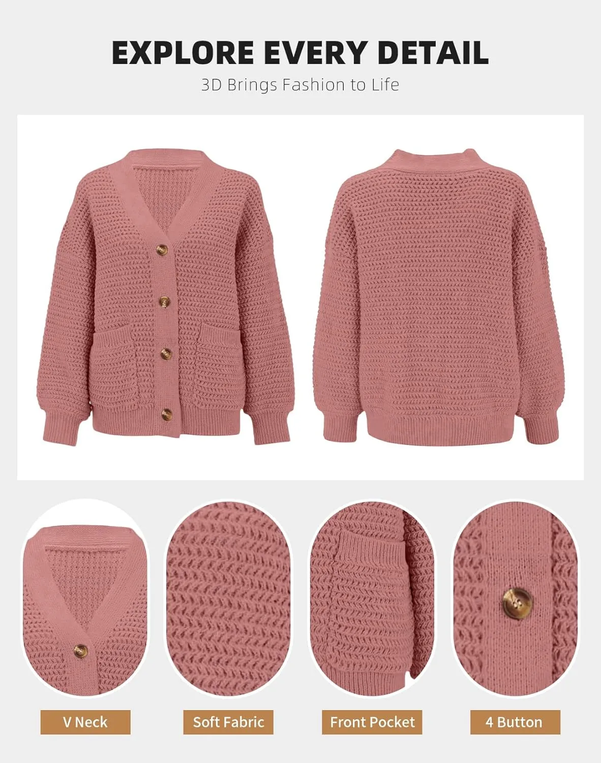 Allimy Womens Chunky Textured Knit Pocketed V Neck Soft Short Cardigan Sweaters for Women Trendy Winter Coats