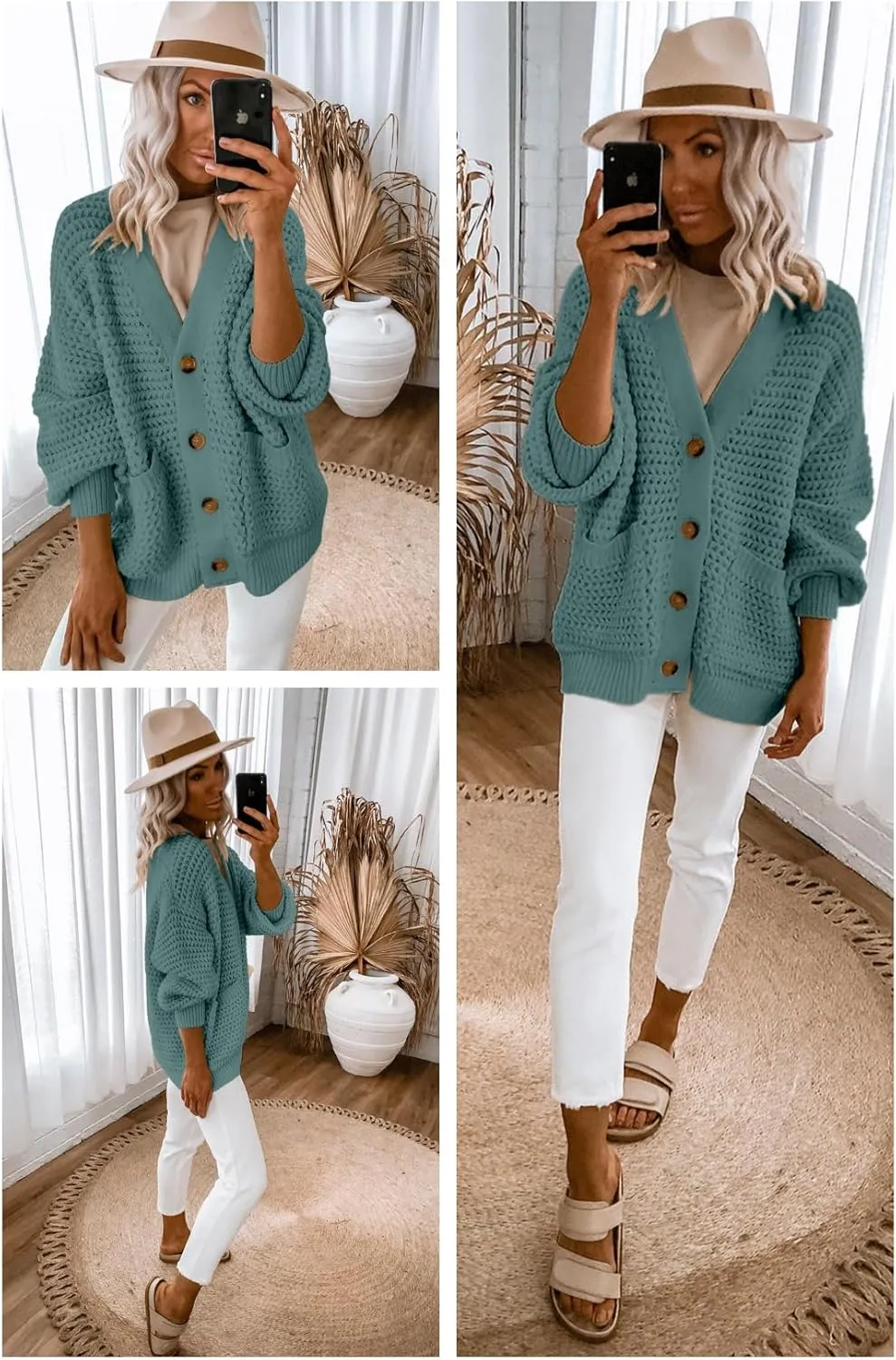Allimy Womens Chunky Textured Knit Pocketed V Neck Soft Short Cardigan Sweaters for Women Trendy Winter Coats