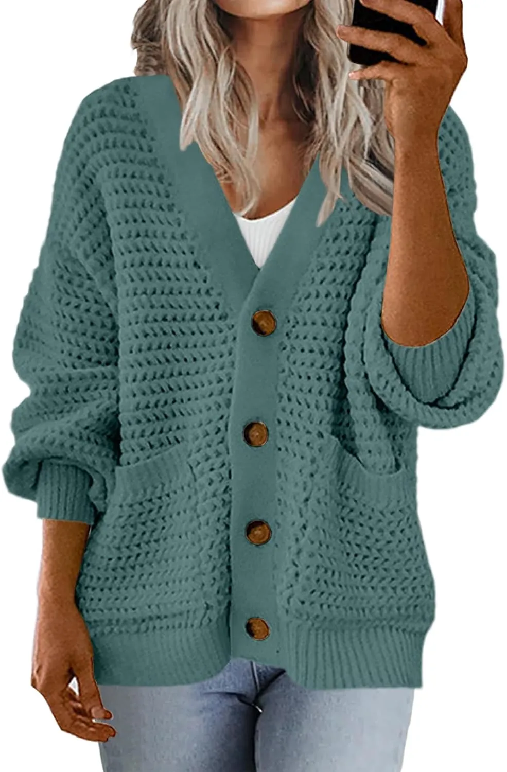 Allimy Womens Chunky Textured Knit Pocketed V Neck Soft Short Cardigan Sweaters for Women Trendy Winter Coats