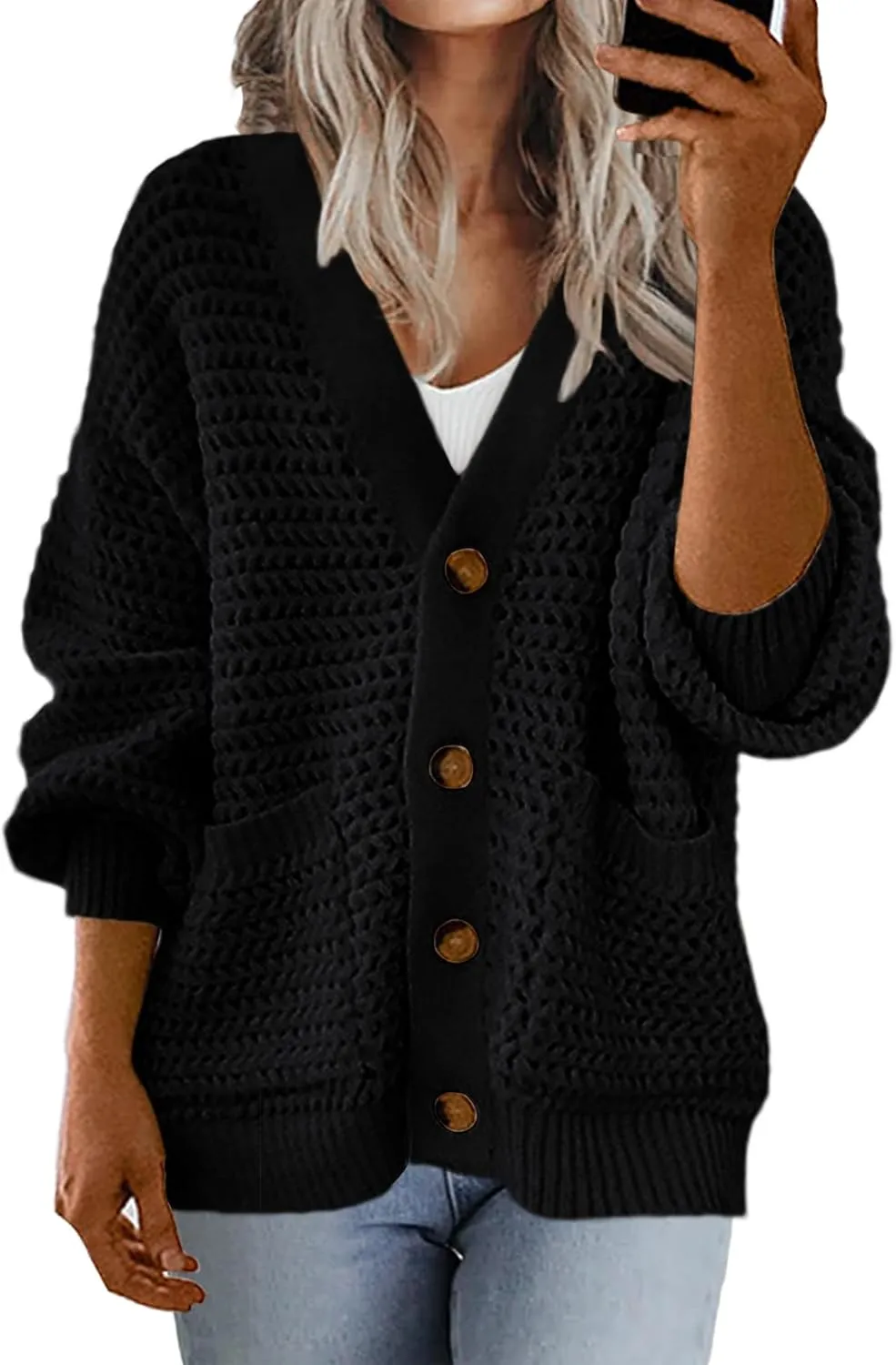 Allimy Womens Chunky Textured Knit Pocketed V Neck Soft Short Cardigan Sweaters for Women Trendy Winter Coats