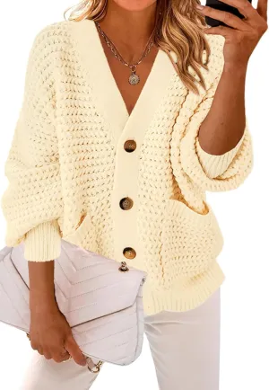 Allimy Womens Chunky Textured Knit Pocketed V Neck Soft Short Cardigan Sweaters for Women Trendy Winter Coats