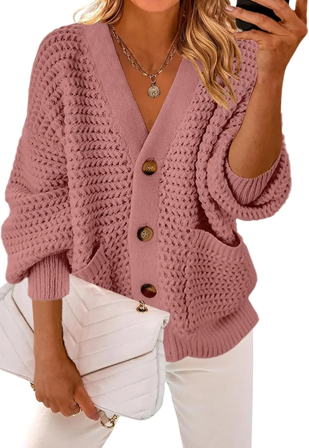 Allimy Womens Chunky Textured Knit Pocketed V Neck Soft Short Cardigan Sweaters for Women Trendy Winter Coats