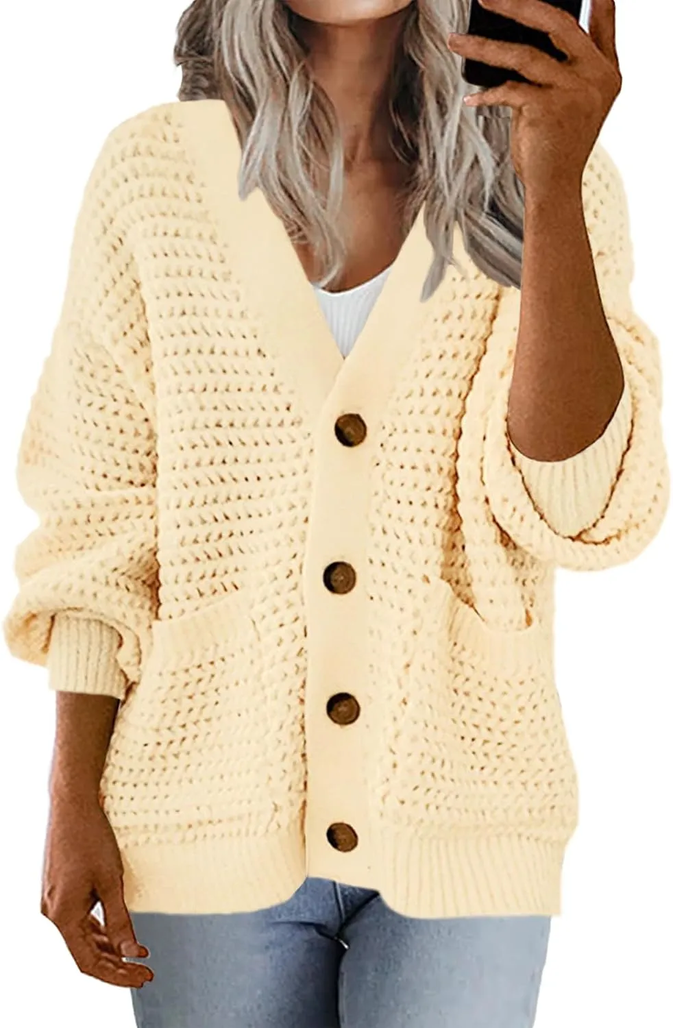 Allimy Womens Chunky Textured Knit Pocketed V Neck Soft Short Cardigan Sweaters for Women Trendy Winter Coats