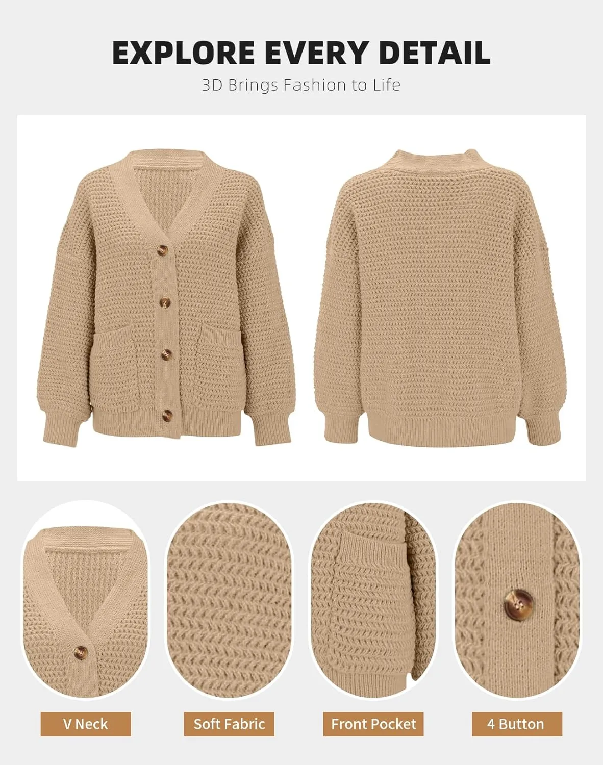 Allimy Womens Chunky Textured Knit Pocketed V Neck Soft Short Cardigan Sweaters for Women Trendy Winter Coats