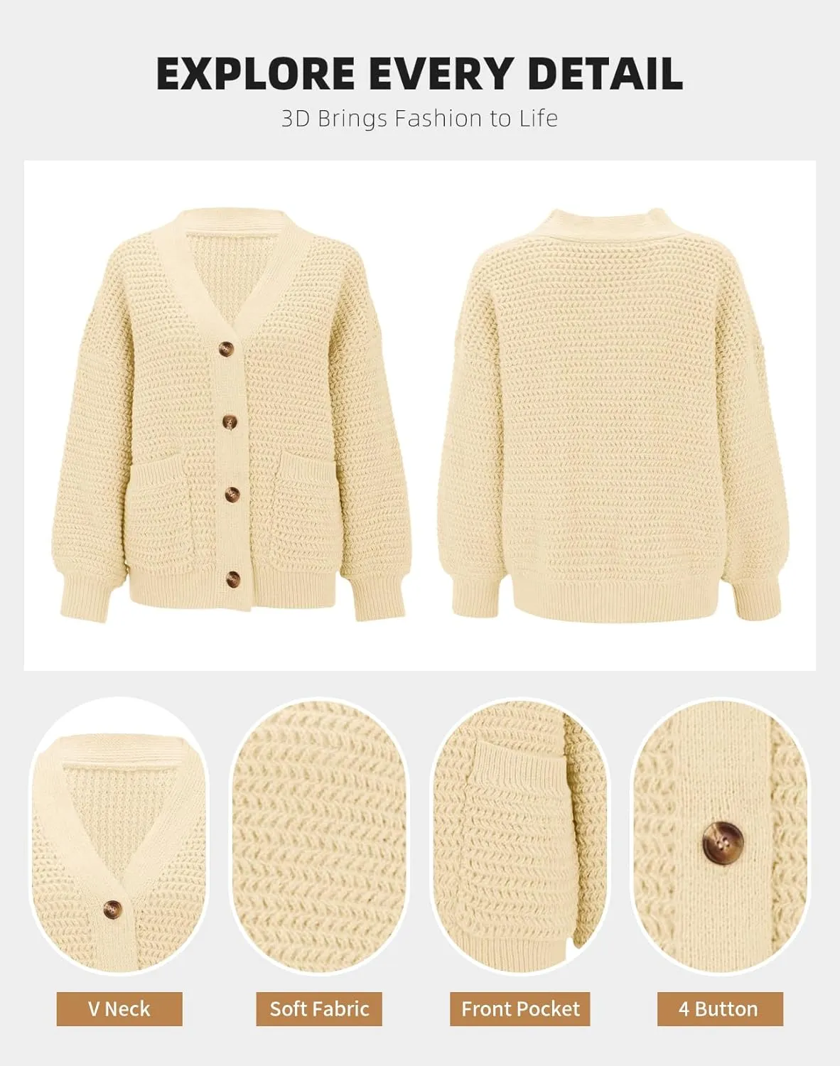 Allimy Womens Chunky Textured Knit Pocketed V Neck Soft Short Cardigan Sweaters for Women Trendy Winter Coats