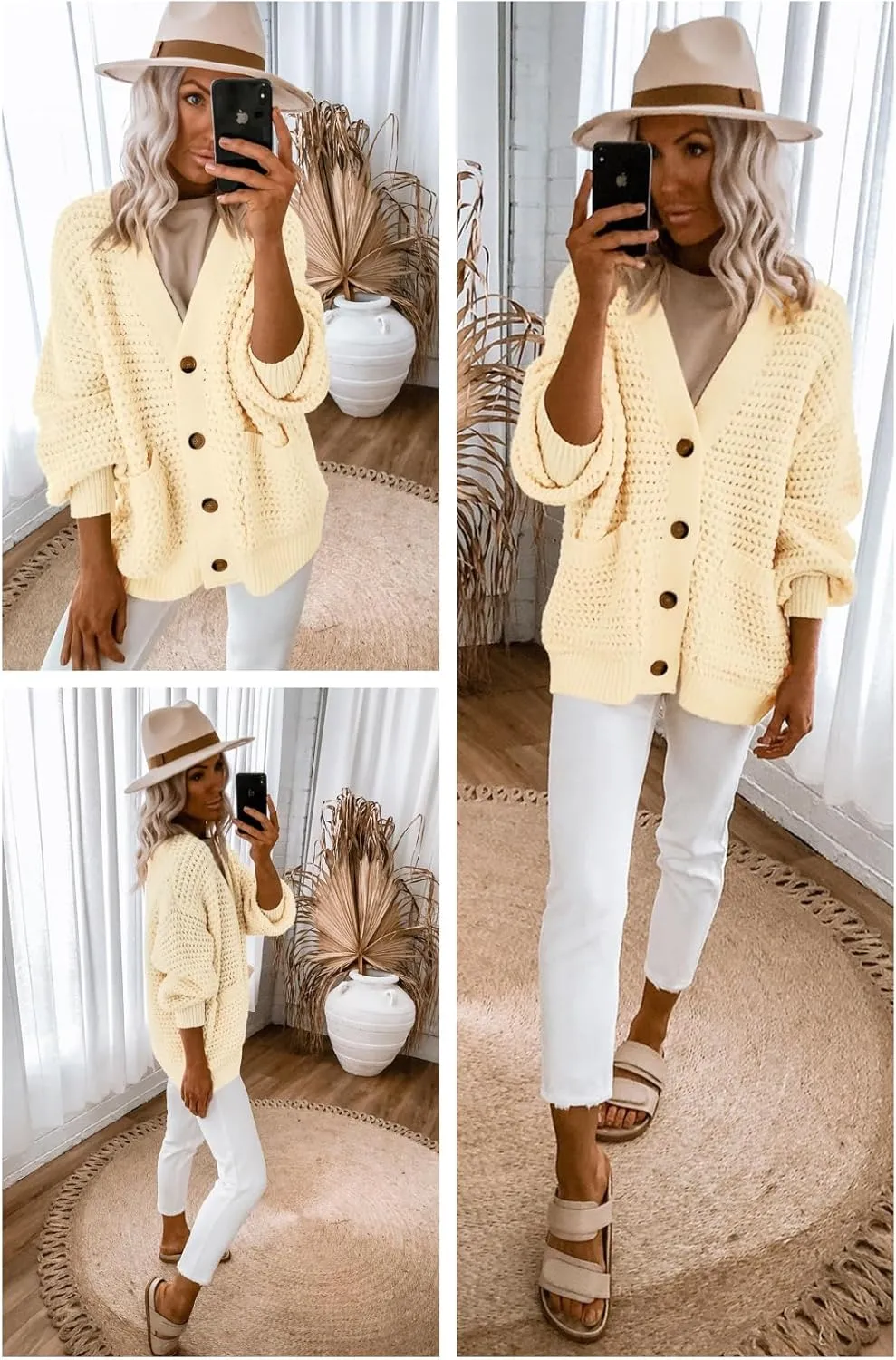 Allimy Womens Chunky Textured Knit Pocketed V Neck Soft Short Cardigan Sweaters for Women Trendy Winter Coats