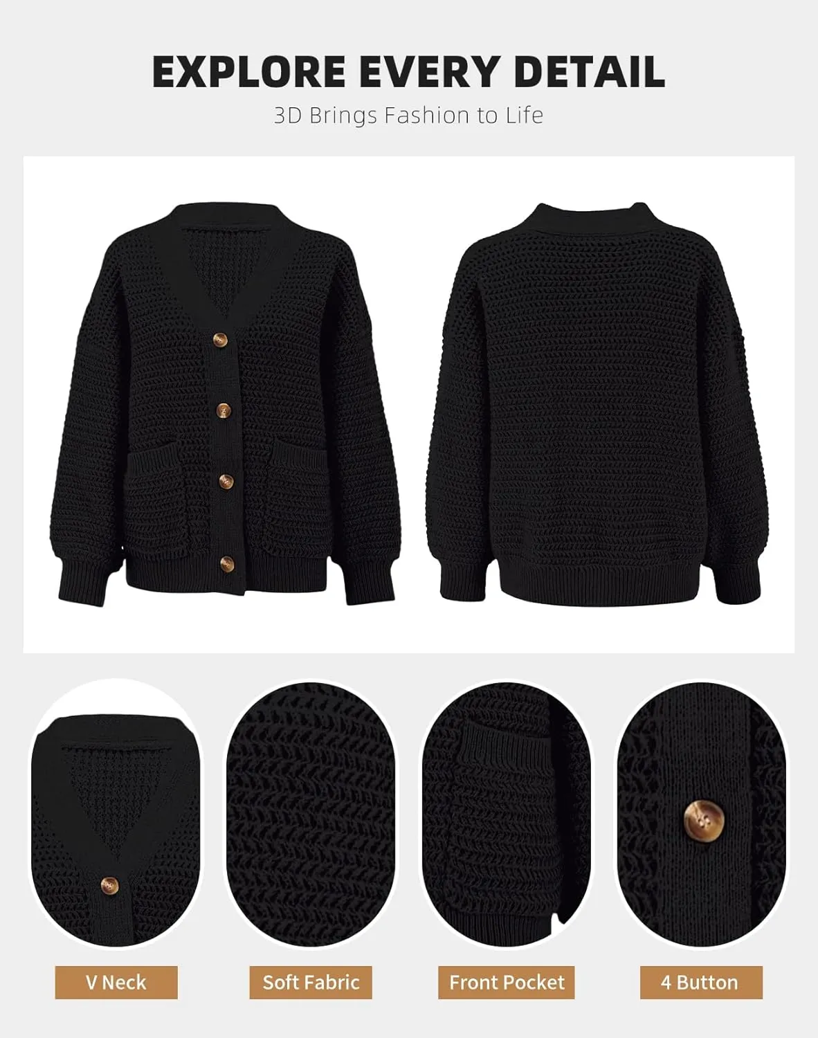 Allimy Womens Chunky Textured Knit Pocketed V Neck Soft Short Cardigan Sweaters for Women Trendy Winter Coats