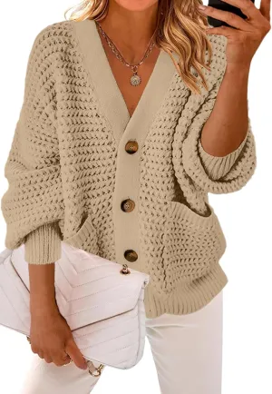 Allimy Womens Chunky Textured Knit Pocketed V Neck Soft Short Cardigan Sweaters for Women Trendy Winter Coats