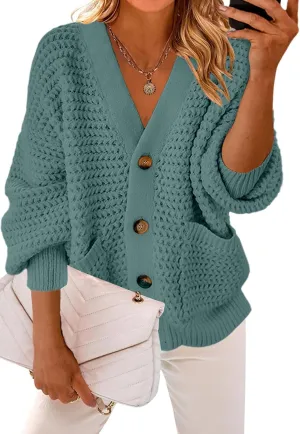 Allimy Womens Chunky Textured Knit Pocketed V Neck Soft Short Cardigan Sweaters for Women Trendy Winter Coats