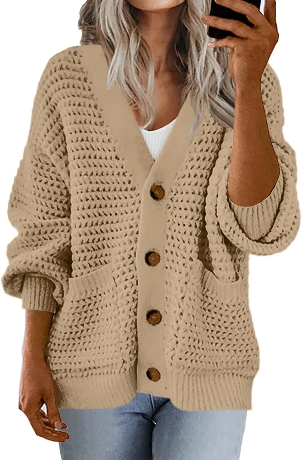 Allimy Womens Chunky Textured Knit Pocketed V Neck Soft Short Cardigan Sweaters for Women Trendy Winter Coats