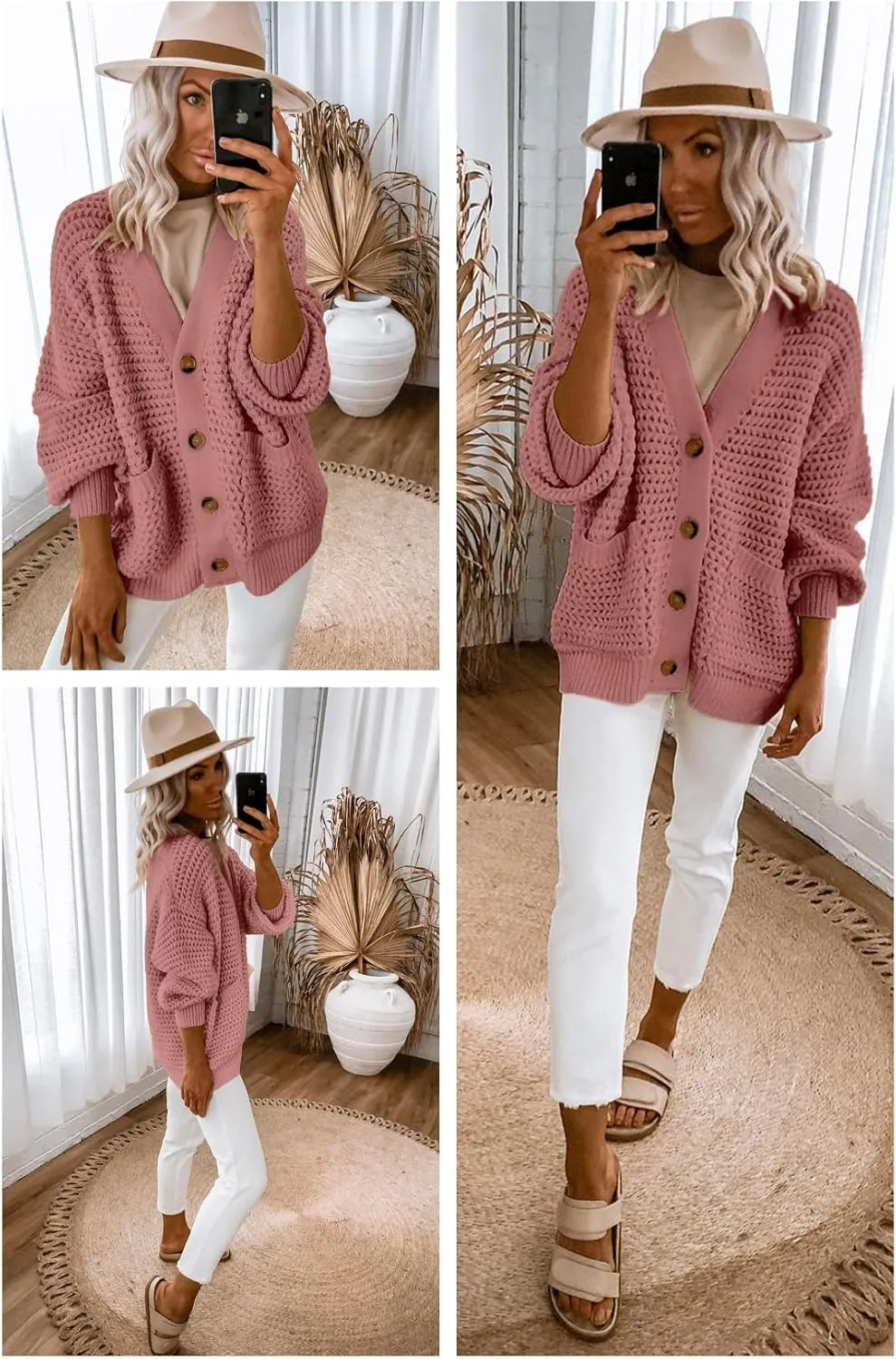 Allimy Womens Chunky Textured Knit Pocketed V Neck Soft Short Cardigan Sweaters for Women Trendy Winter Coats