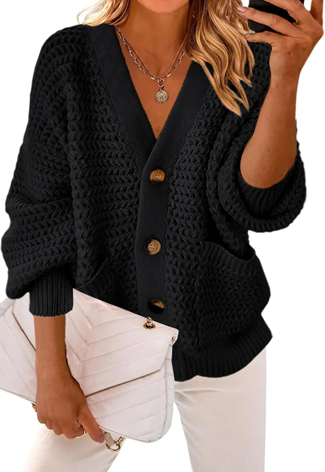 Allimy Womens Chunky Textured Knit Pocketed V Neck Soft Short Cardigan Sweaters for Women Trendy Winter Coats