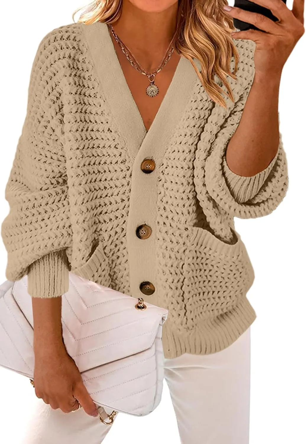 Allimy Womens Chunky Textured Knit Pocketed V Neck Soft Short Cardigan Sweaters for Women Trendy Winter Coats