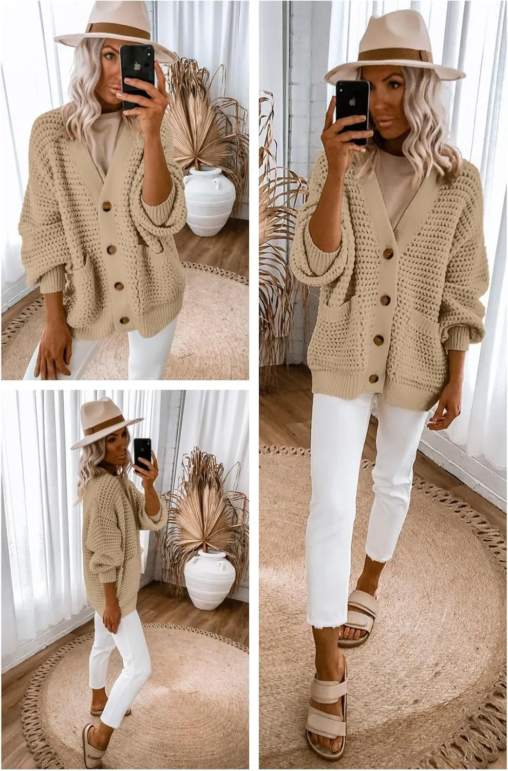 Allimy Womens Chunky Textured Knit Pocketed V Neck Soft Short Cardigan Sweaters for Women Trendy Winter Coats