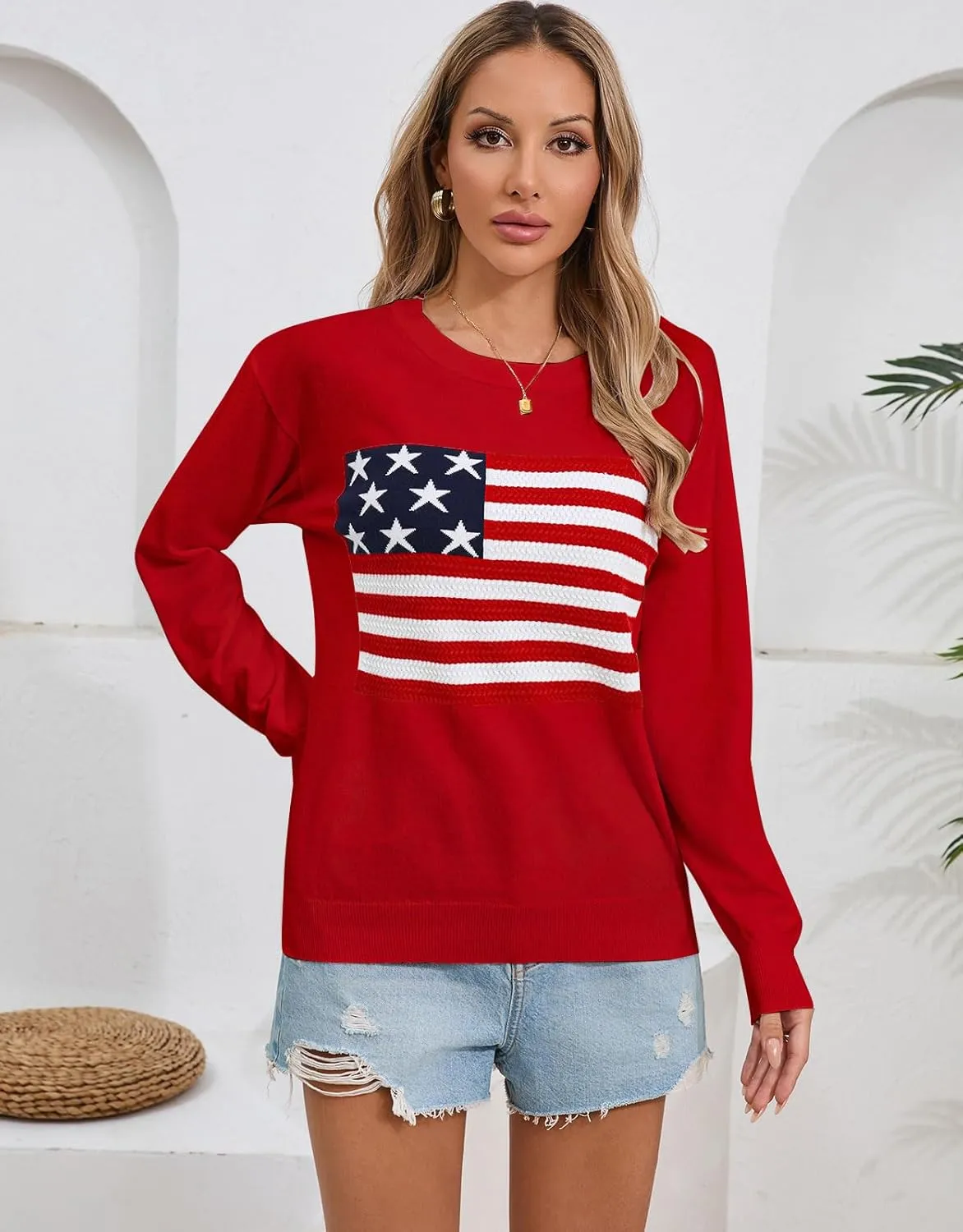 Alsol Lamesa Womens American Flag Sweater Soft Lightweight Long Sleeve Crew Neck Pullover Sweaters