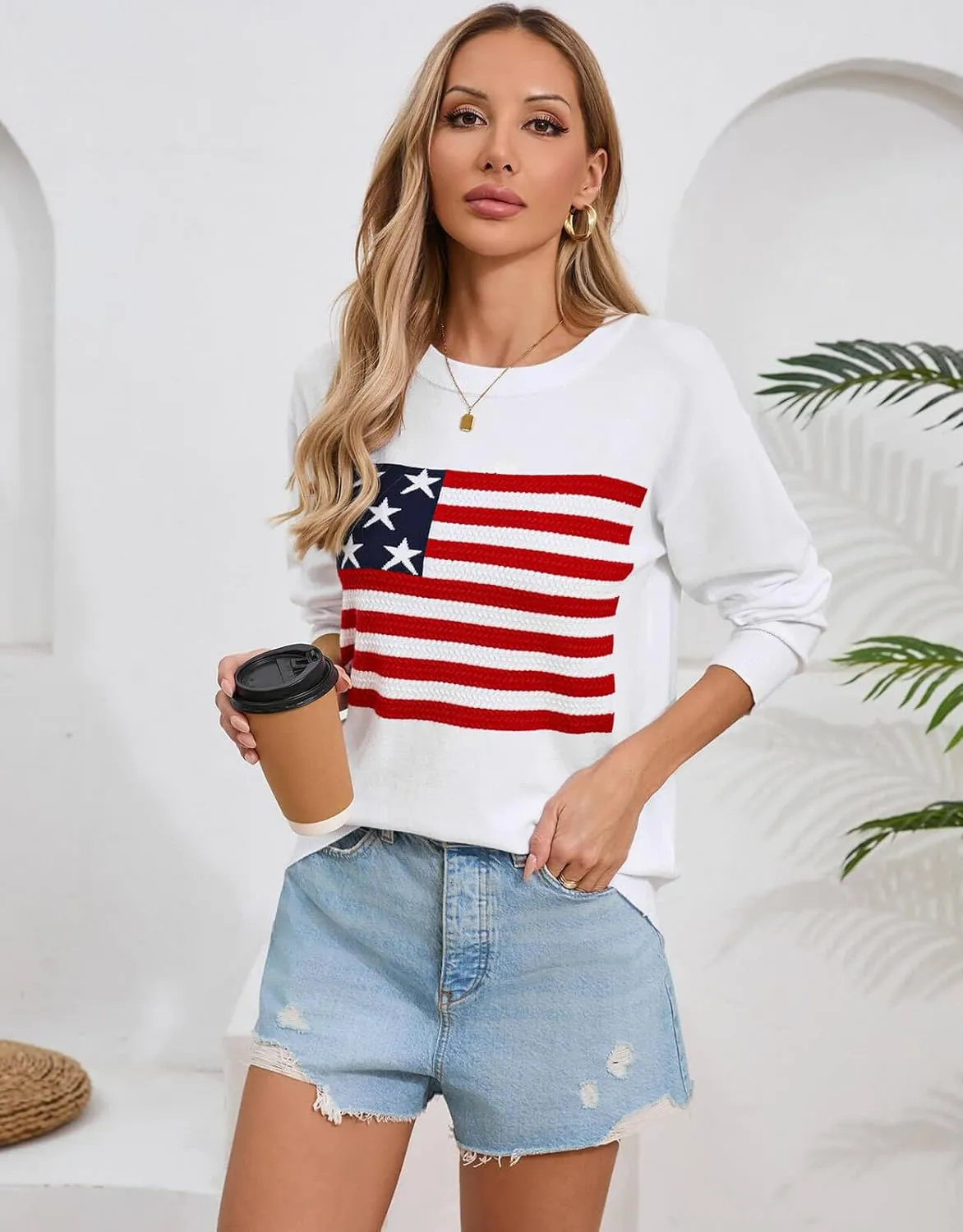 Alsol Lamesa Womens American Flag Sweater Soft Lightweight Long Sleeve Crew Neck Pullover Sweaters