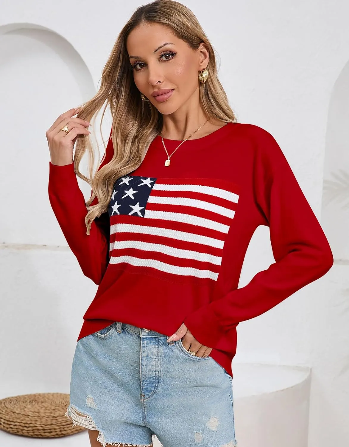 Alsol Lamesa Womens American Flag Sweater Soft Lightweight Long Sleeve Crew Neck Pullover Sweaters