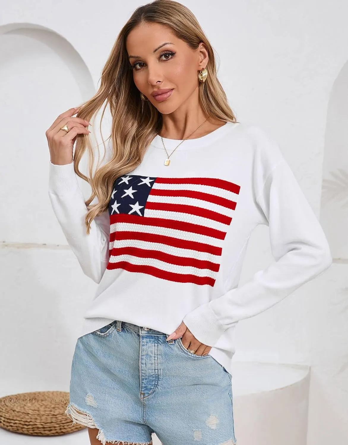 Alsol Lamesa Womens American Flag Sweater Soft Lightweight Long Sleeve Crew Neck Pullover Sweaters
