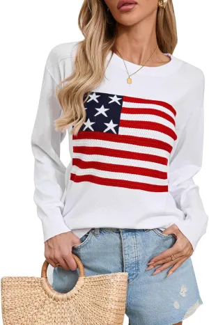 Alsol Lamesa Womens American Flag Sweater Soft Lightweight Long Sleeve Crew Neck Pullover Sweaters