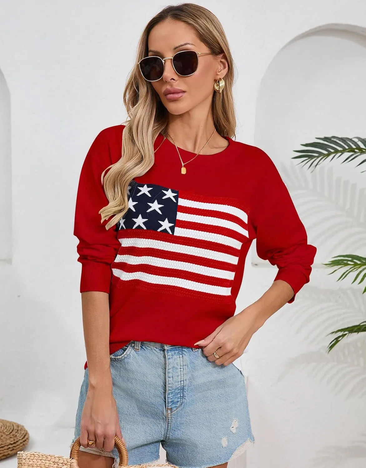 Alsol Lamesa Womens American Flag Sweater Soft Lightweight Long Sleeve Crew Neck Pullover Sweaters