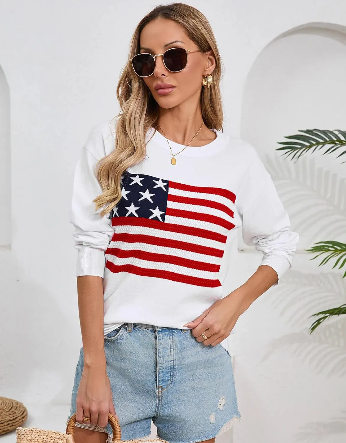 Alsol Lamesa Womens American Flag Sweater Soft Lightweight Long Sleeve Crew Neck Pullover Sweaters