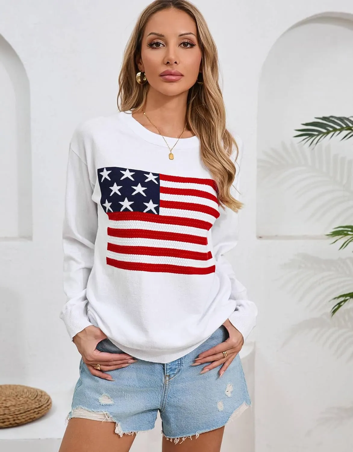 Alsol Lamesa Womens American Flag Sweater Soft Lightweight Long Sleeve Crew Neck Pullover Sweaters