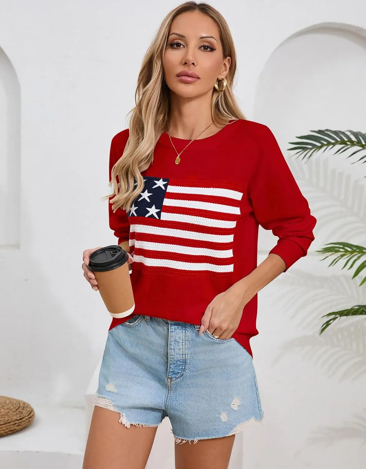Alsol Lamesa Womens American Flag Sweater Soft Lightweight Long Sleeve Crew Neck Pullover Sweaters