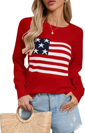 Alsol Lamesa Womens American Flag Sweater Soft Lightweight Long Sleeve Crew Neck Pullover Sweaters
