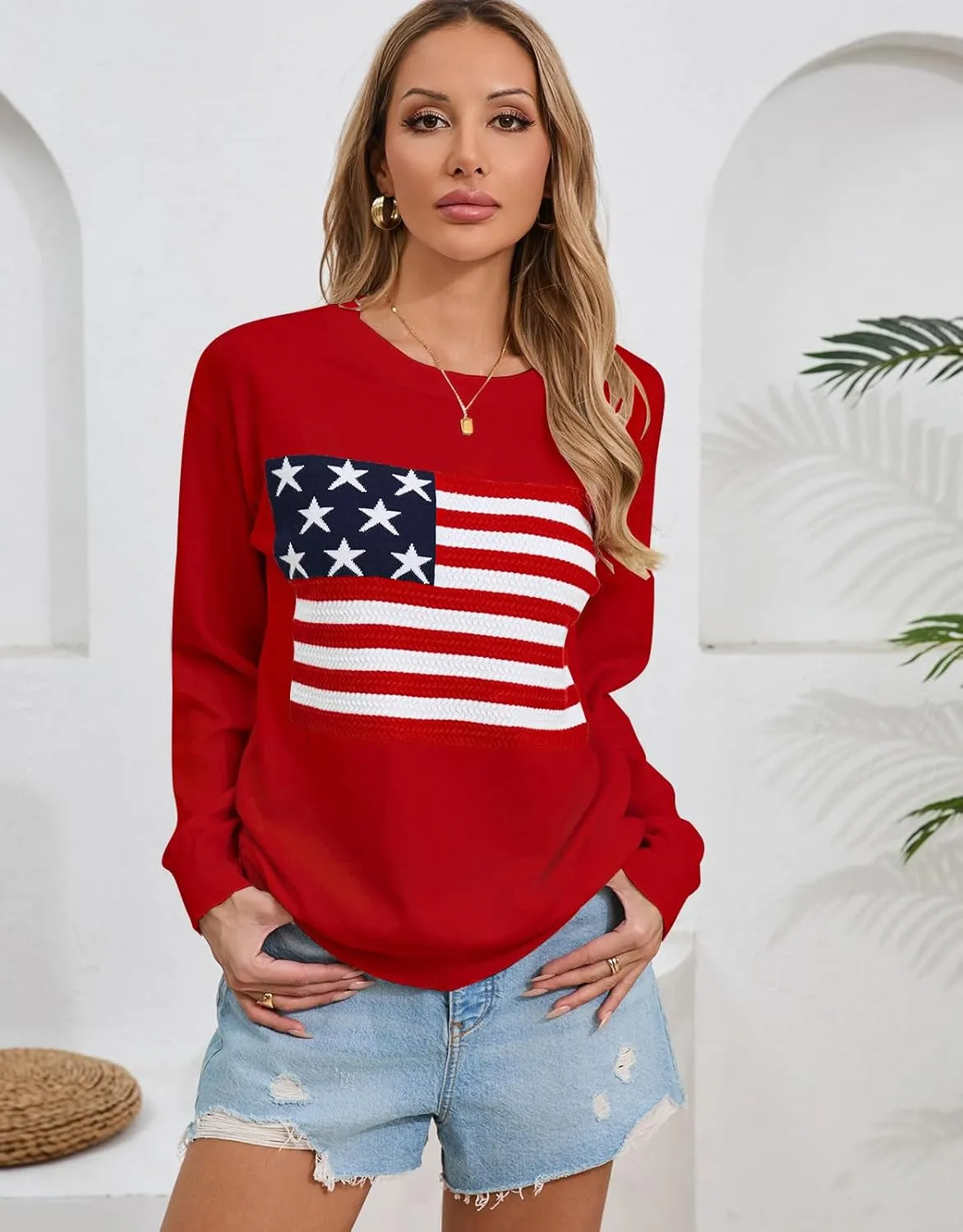 Alsol Lamesa Womens American Flag Sweater Soft Lightweight Long Sleeve Crew Neck Pullover Sweaters