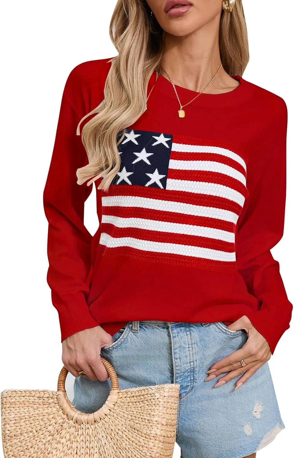 Alsol Lamesa Womens American Flag Sweater Soft Lightweight Long Sleeve Crew Neck Pullover Sweaters