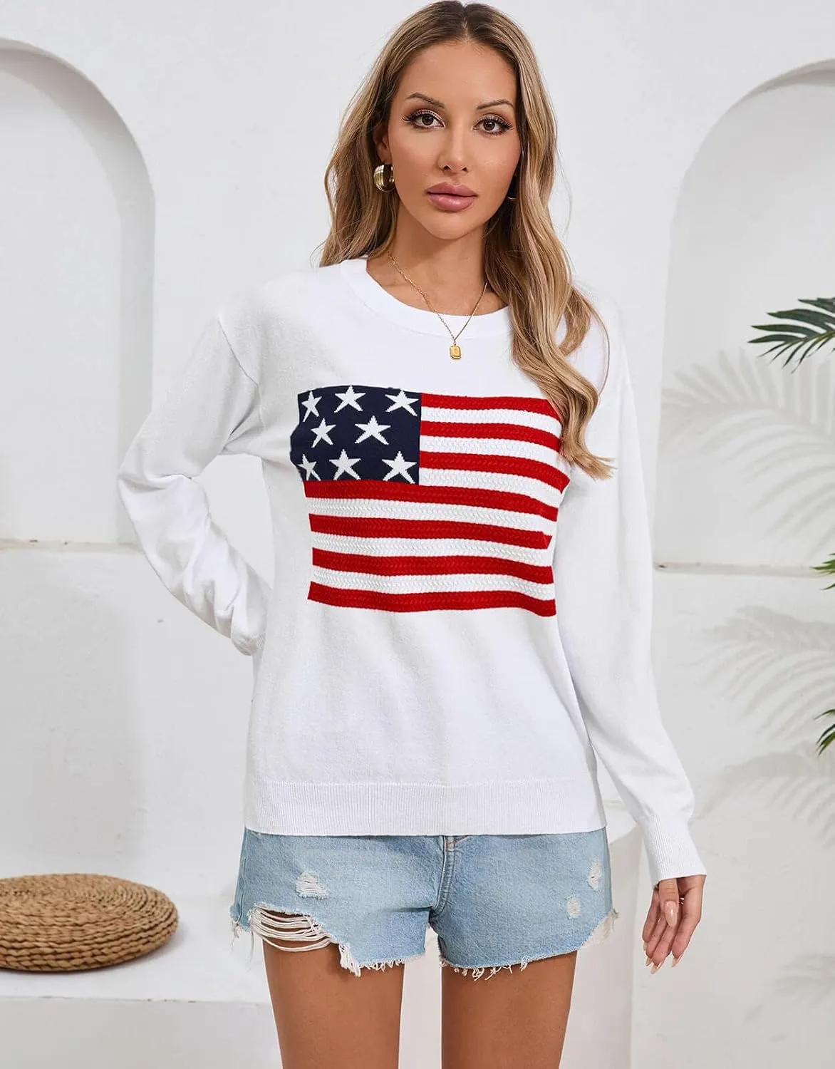 Alsol Lamesa Womens American Flag Sweater Soft Lightweight Long Sleeve Crew Neck Pullover Sweaters