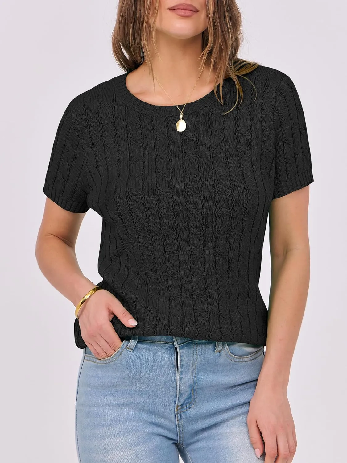 ANRABESS Womens Short Sleeve Sweaters Tops Crewneck Cable Knit Casual Soft Pullover Shirt 2025 Spring Summer Business Outfits