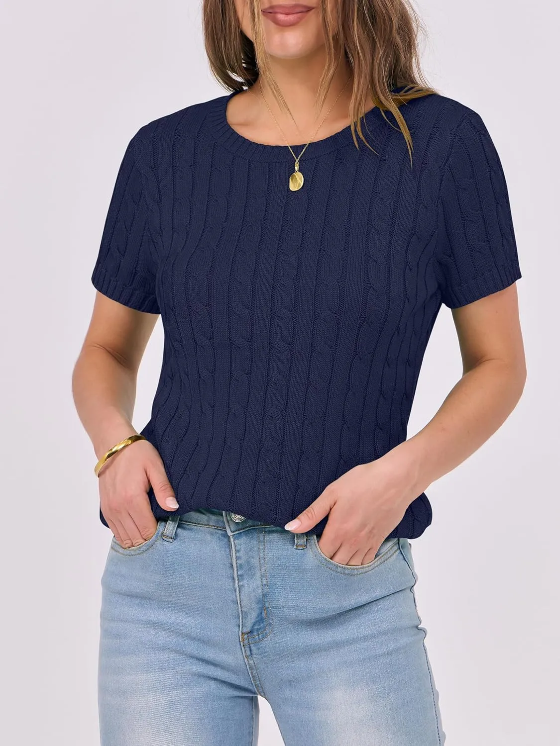 ANRABESS Womens Short Sleeve Sweaters Tops Crewneck Cable Knit Casual Soft Pullover Shirt 2025 Spring Summer Business Outfits