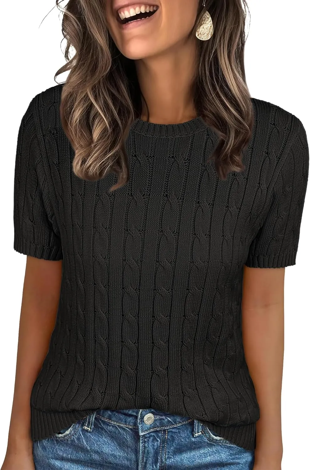 ANRABESS Womens Short Sleeve Sweaters Tops Crewneck Cable Knit Casual Soft Pullover Shirt 2025 Spring Summer Business Outfits