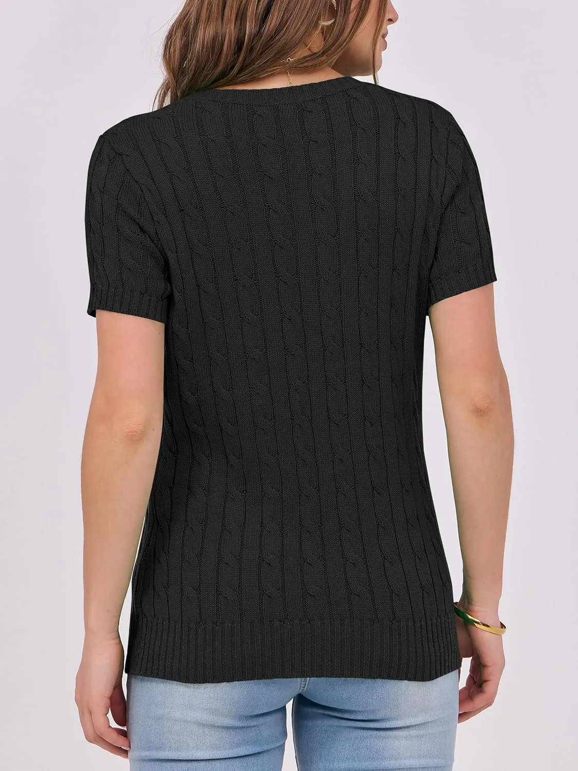 ANRABESS Womens Short Sleeve Sweaters Tops Crewneck Cable Knit Casual Soft Pullover Shirt 2025 Spring Summer Business Outfits