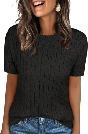ANRABESS Womens Short Sleeve Sweaters Tops Crewneck Cable Knit Casual Soft Pullover Shirt 2025 Spring Summer Business Outfits