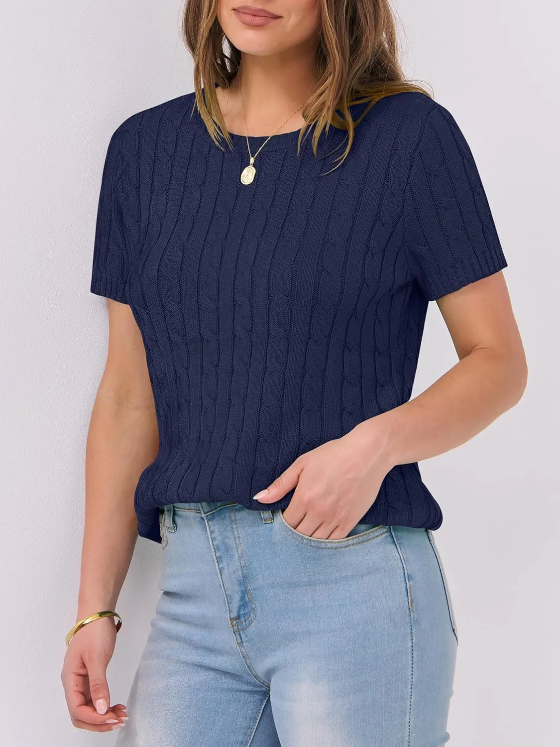 ANRABESS Womens Short Sleeve Sweaters Tops Crewneck Cable Knit Casual Soft Pullover Shirt 2025 Spring Summer Business Outfits