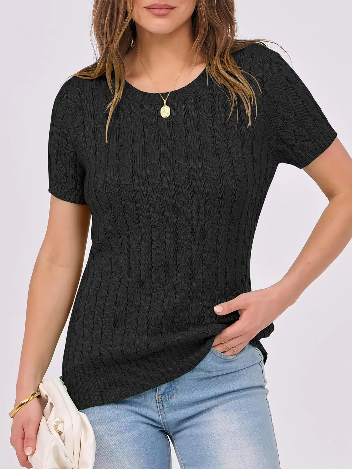 ANRABESS Womens Short Sleeve Sweaters Tops Crewneck Cable Knit Casual Soft Pullover Shirt 2025 Spring Summer Business Outfits