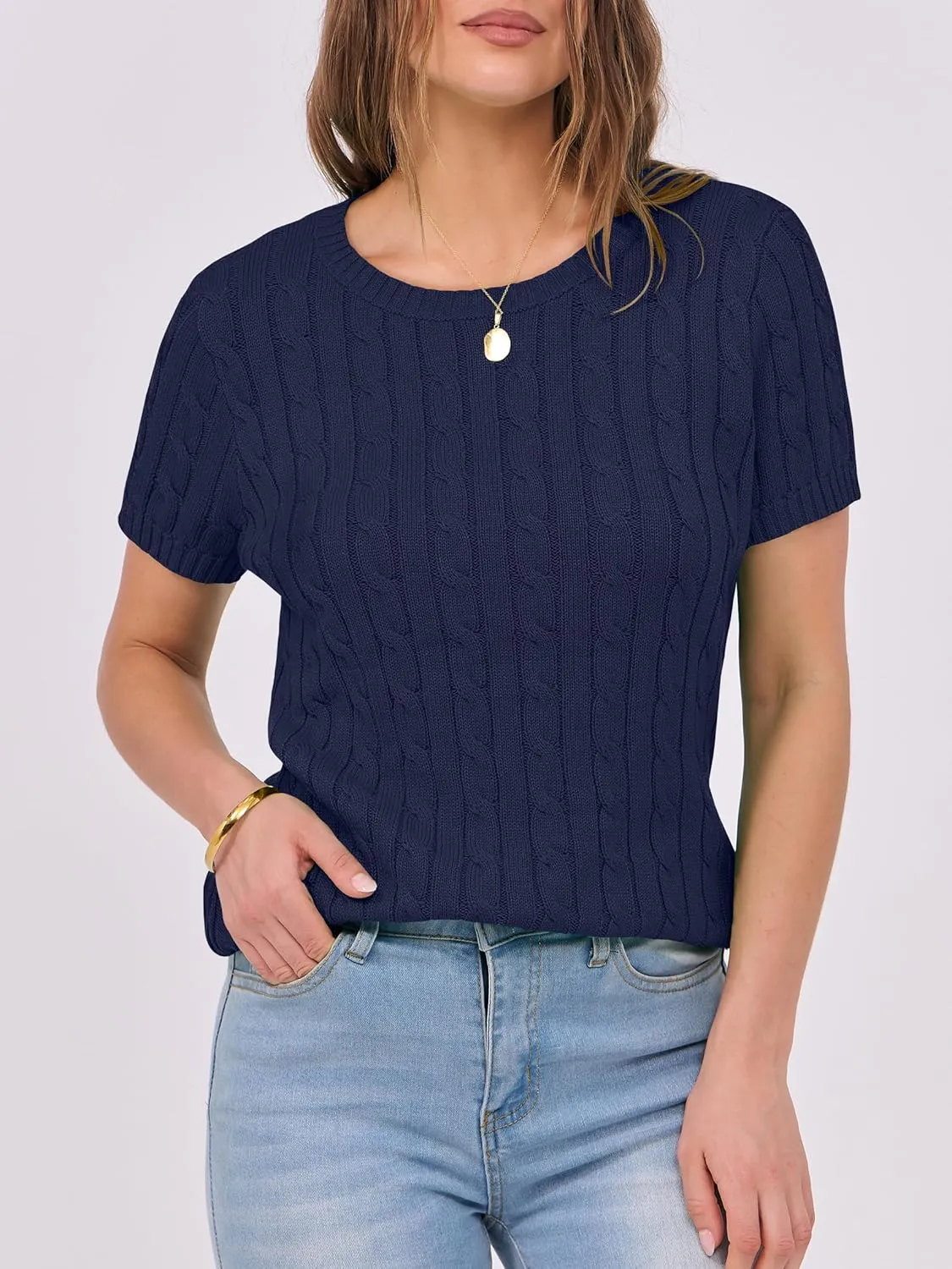 ANRABESS Womens Short Sleeve Sweaters Tops Crewneck Cable Knit Casual Soft Pullover Shirt 2025 Spring Summer Business Outfits