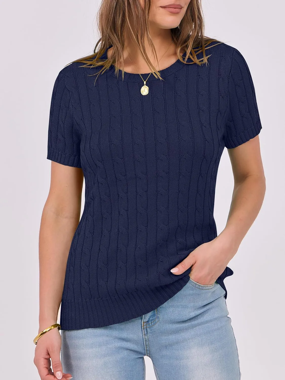 ANRABESS Womens Short Sleeve Sweaters Tops Crewneck Cable Knit Casual Soft Pullover Shirt 2025 Spring Summer Business Outfits