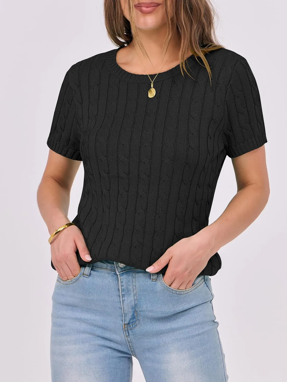ANRABESS Womens Short Sleeve Sweaters Tops Crewneck Cable Knit Casual Soft Pullover Shirt 2025 Spring Summer Business Outfits