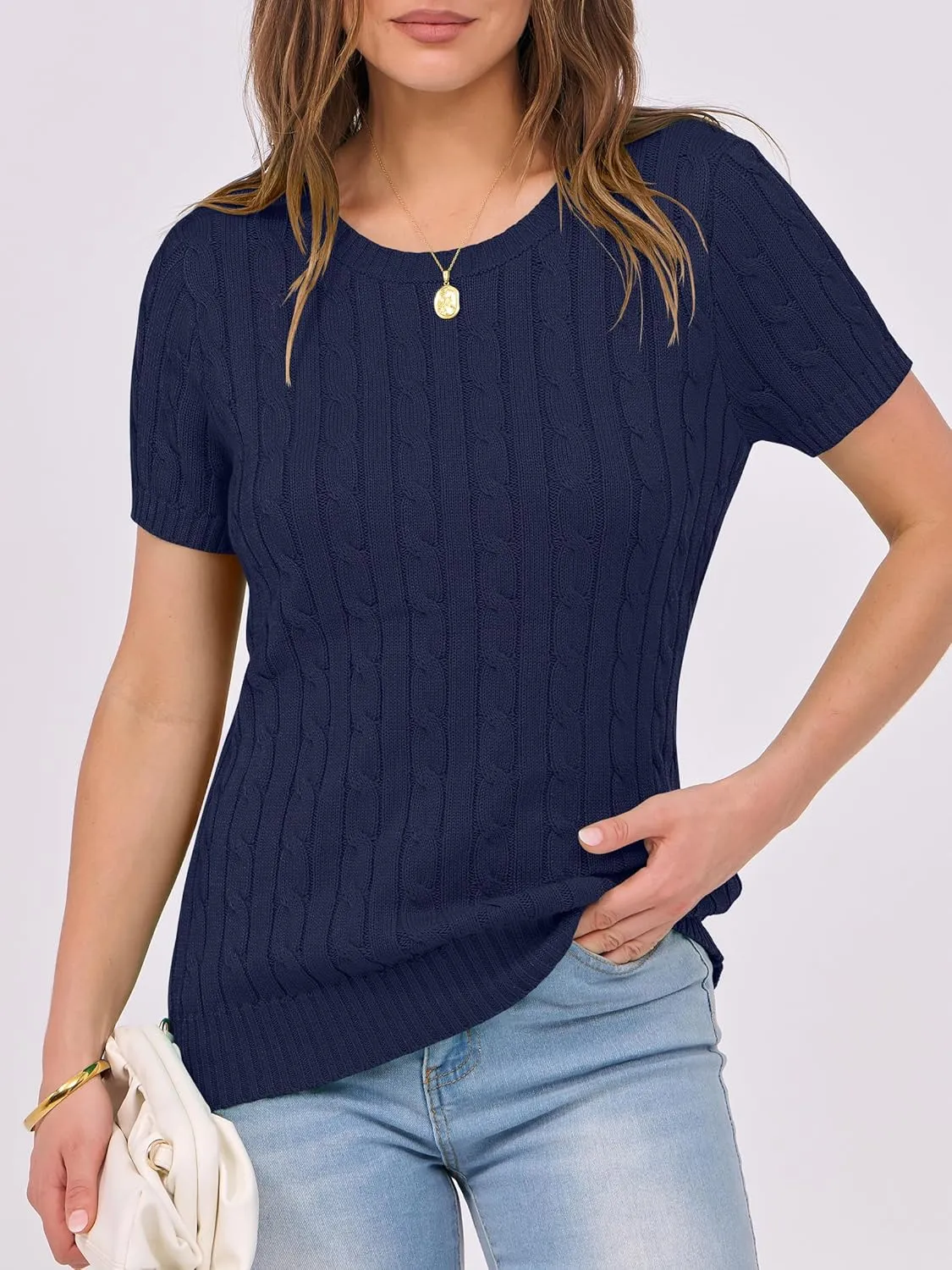 ANRABESS Womens Short Sleeve Sweaters Tops Crewneck Cable Knit Casual Soft Pullover Shirt 2025 Spring Summer Business Outfits