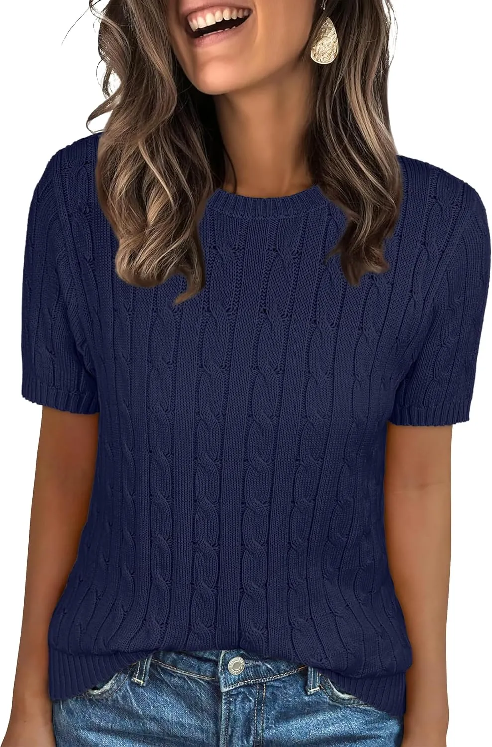 ANRABESS Womens Short Sleeve Sweaters Tops Crewneck Cable Knit Casual Soft Pullover Shirt 2025 Spring Summer Business Outfits