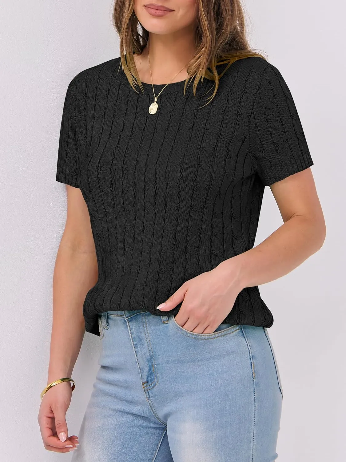 ANRABESS Womens Short Sleeve Sweaters Tops Crewneck Cable Knit Casual Soft Pullover Shirt 2025 Spring Summer Business Outfits