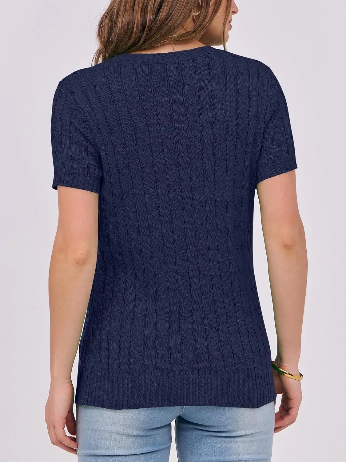 ANRABESS Womens Short Sleeve Sweaters Tops Crewneck Cable Knit Casual Soft Pullover Shirt 2025 Spring Summer Business Outfits