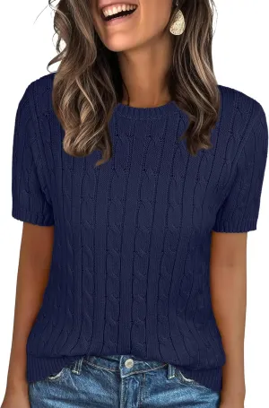 ANRABESS Womens Short Sleeve Sweaters Tops Crewneck Cable Knit Casual Soft Pullover Shirt 2025 Spring Summer Business Outfits