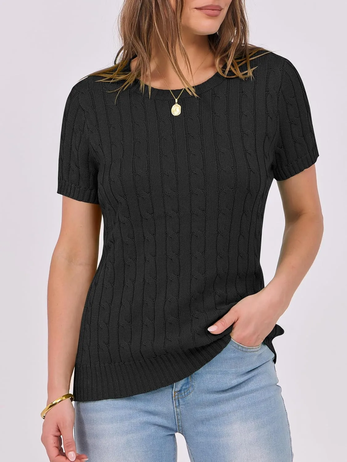 ANRABESS Womens Short Sleeve Sweaters Tops Crewneck Cable Knit Casual Soft Pullover Shirt 2025 Spring Summer Business Outfits