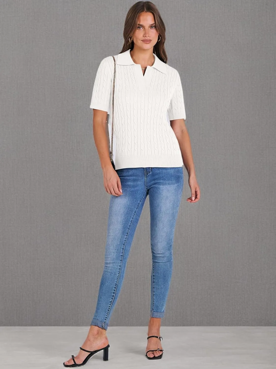 ANRABESS Women's Short Sleeve Sweaters Tops Polo V Neck Cable Knit Casual Soft Pullover Shirts 2025 Summer Outfits
